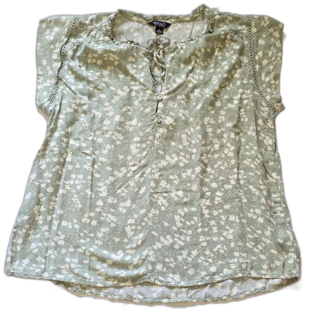 Buffalo David Bitton Green Floral Print Short Sleeve Blouse Top Women's Medium